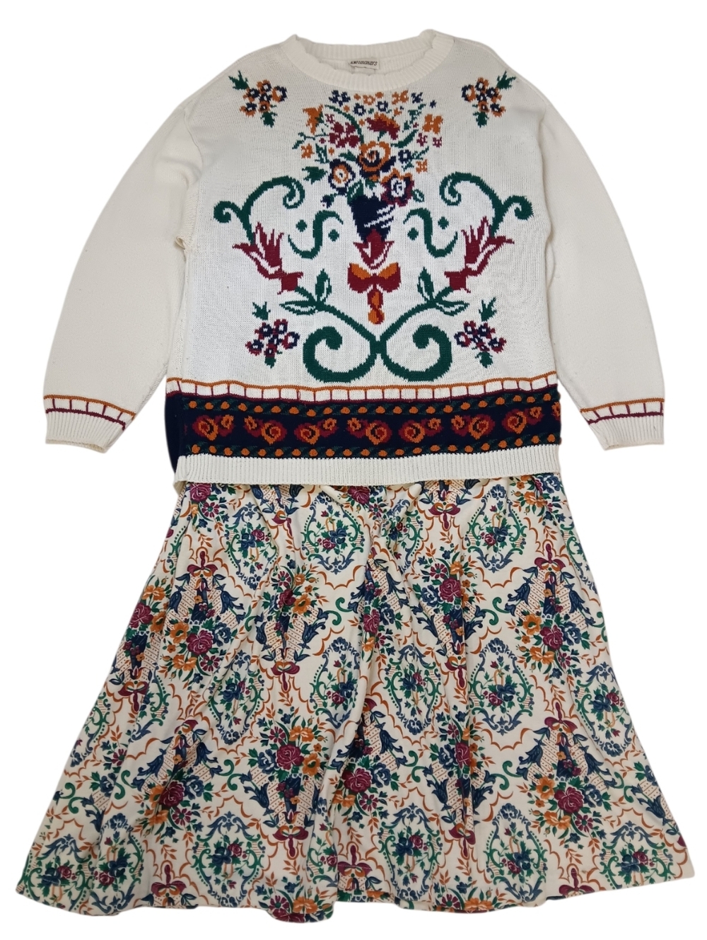 90s Knit Makers Floral Knit Sweater & Matching Skirt Set - L